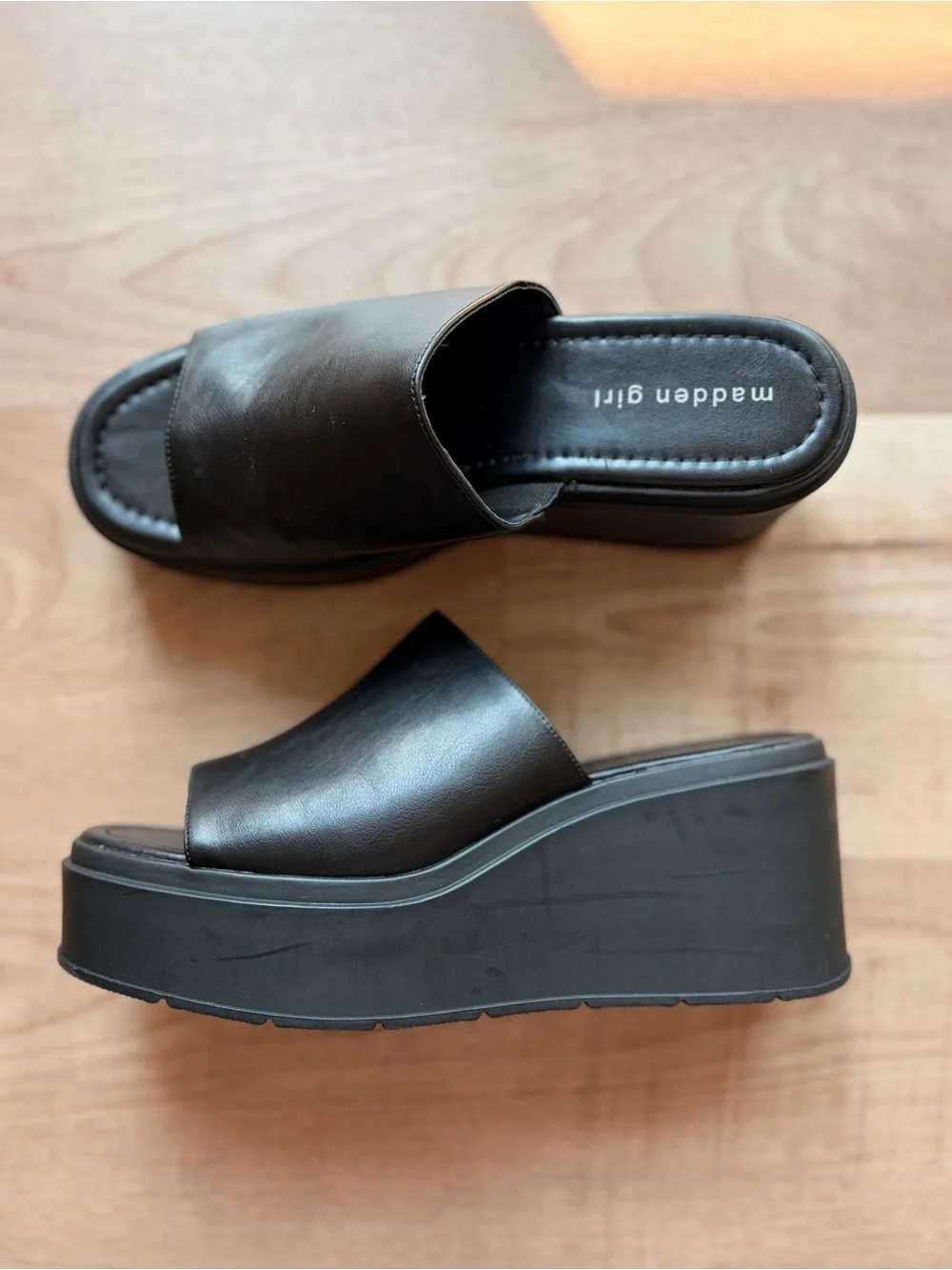 Madden Girl Wadde Womens Black Platform Wedge Slide Mule Sandals Size 9